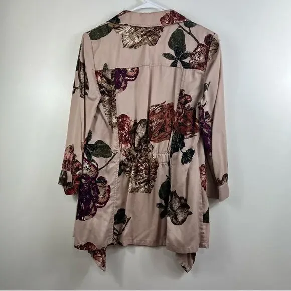 Romantic Pink Floral Ruffle Chico's Open Front Cinched Back Jacket Small Spring - Picture 11 of 12